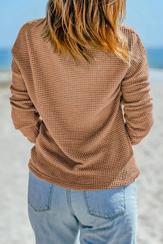 Green waffle knit drop shoulder long sleeve top - tops