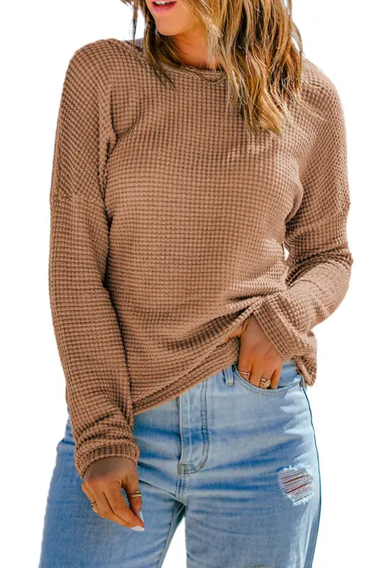 Green waffle knit drop shoulder long sleeve top - tops