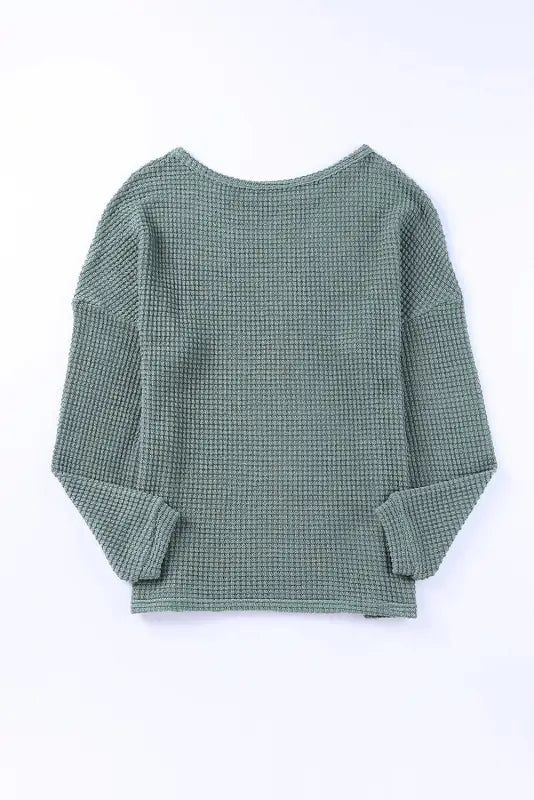 Green waffle knit drop shoulder long sleeve top - tops