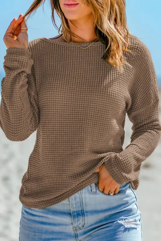 Green waffle knit drop shoulder long sleeve top - tops