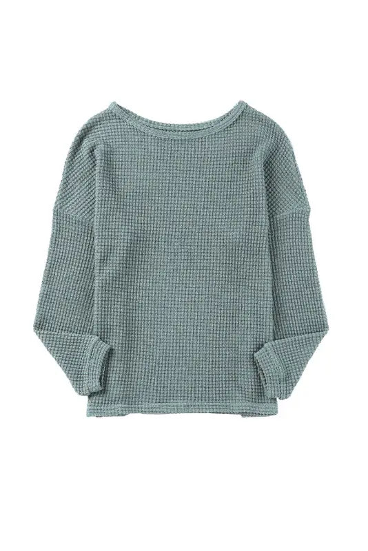 Green waffle knit drop shoulder long sleeve top - tops