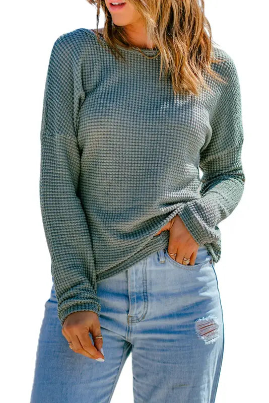 Green waffle knit drop shoulder long sleeve top - tops