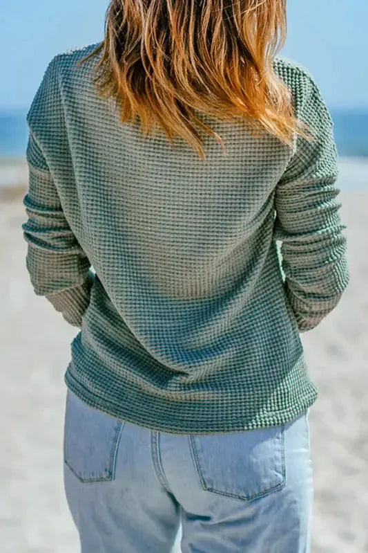 Green Waffle Knit Drop Shoulder Long Sleeve Top - Fashionfitz