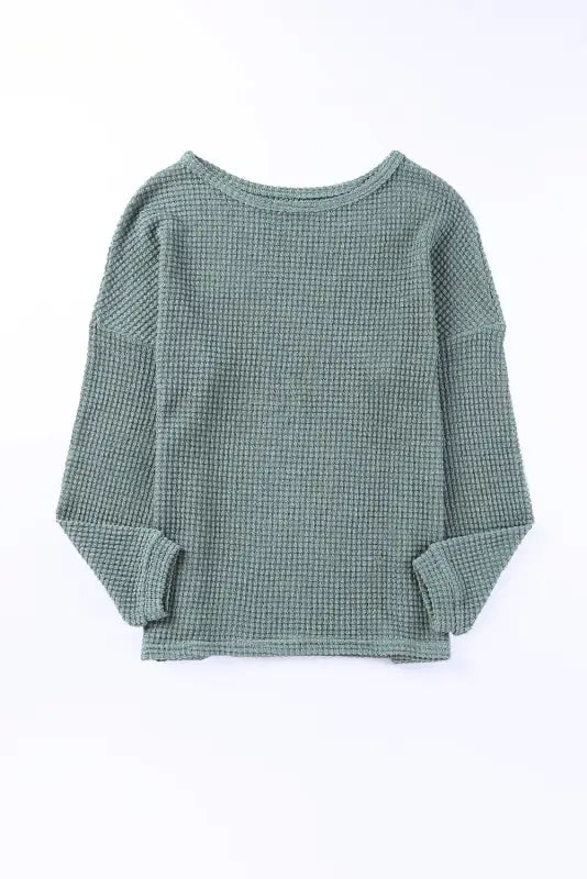 Green waffle knit drop shoulder long sleeve top - tops