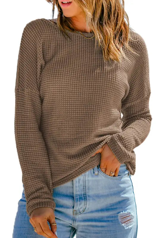 Green waffle knit drop shoulder long sleeve top - tops