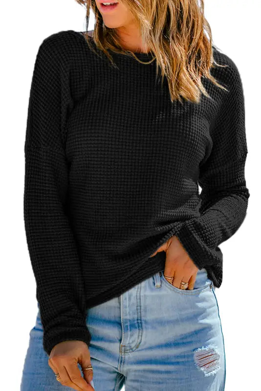 Green waffle knit drop shoulder long sleeve top - tops