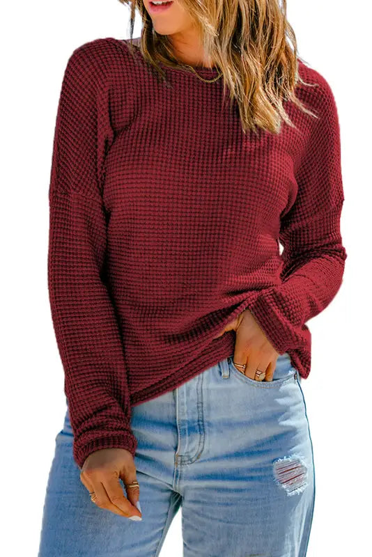 Green waffle knit drop shoulder long sleeve top - tops