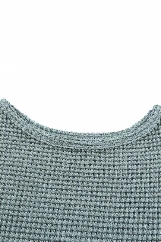 Green waffle knit drop shoulder long sleeve top - tops