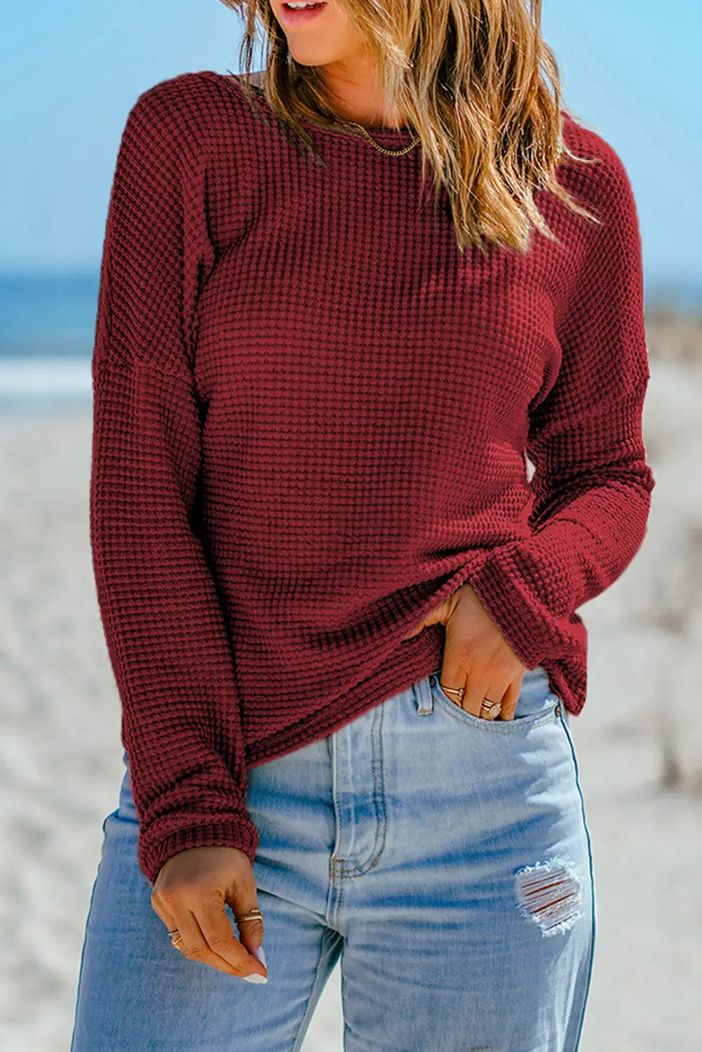 Green waffle knit drop shoulder long sleeve top - red / s / 95% polyester + 5% elastane - tops