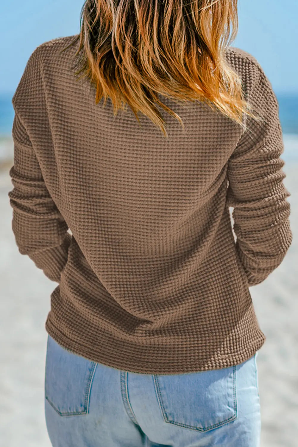 Green waffle knit drop shoulder long sleeve top - tops
