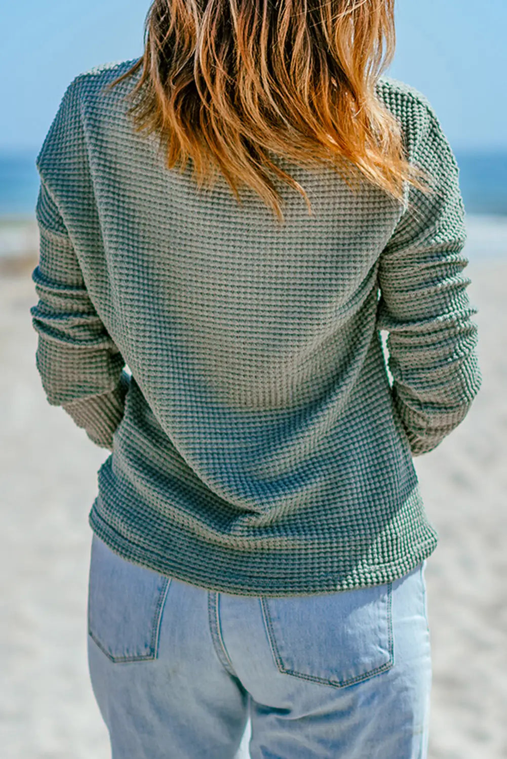 Green waffle knit drop shoulder long sleeve top - tops