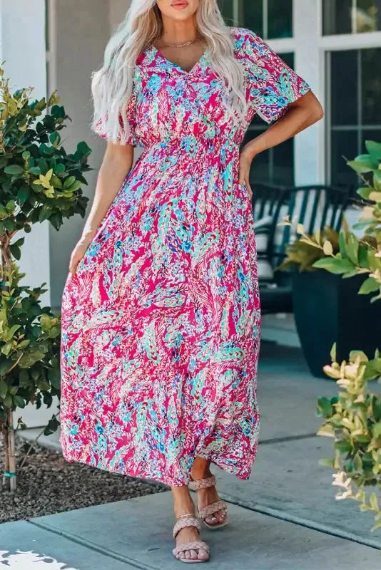 Green Wrap V Neck Floral Maxi Dress - Fashionfitz