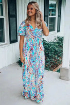 Green Wrap V Neck Floral Maxi Dress - Fashionfitz