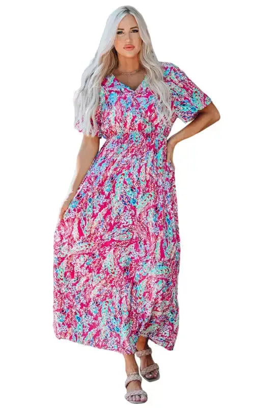 Green Wrap V Neck Floral Maxi Dress - Fashionfitz