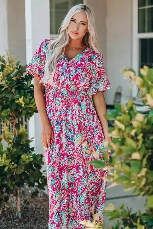 Front view of pink floral wrap maxi dress with v-neck, styled for summer with flattering silhouette and vibrant print.