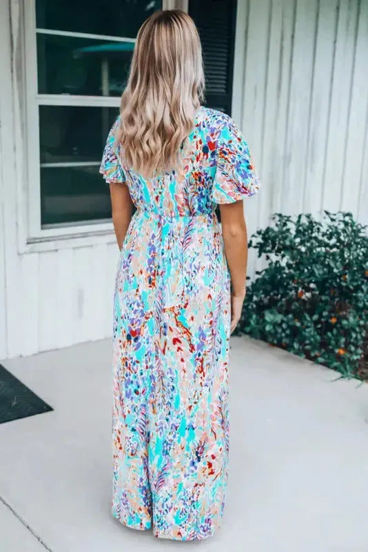 Green Wrap V Neck Floral Maxi Dress - Fashionfitz