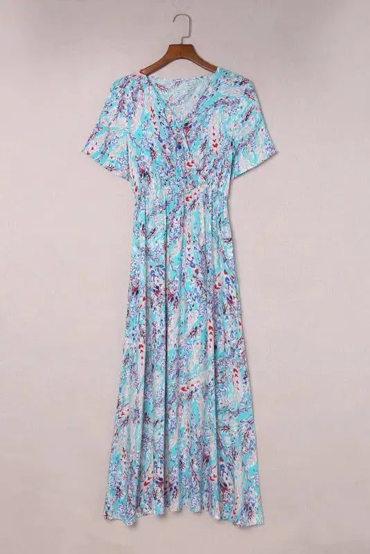 Green Wrap V Neck Floral Maxi Dress - Fashionfitz