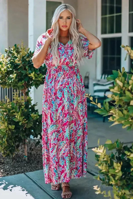 Green Wrap V Neck Floral Maxi Dress - Fashionfitz