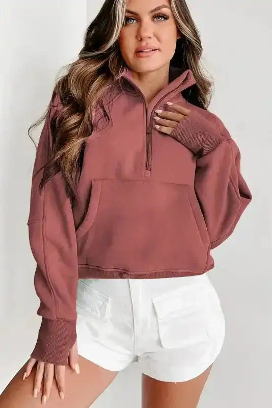 Green Zip Up Stand Collar Ribbed Thumbhole Sleeve Sweatshirt - Fashionfitz