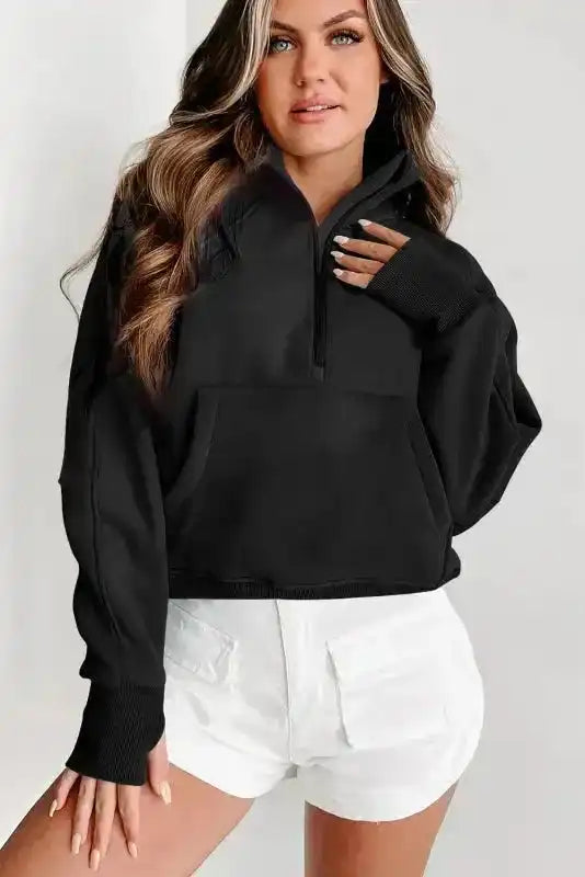 Green Zip Up Stand Collar Ribbed Thumbhole Sleeve Sweatshirt - Fashionfitz