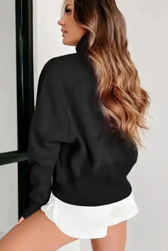 Green Zip Up Stand Collar Ribbed Thumbhole Sleeve Sweatshirt - Fashionfitz