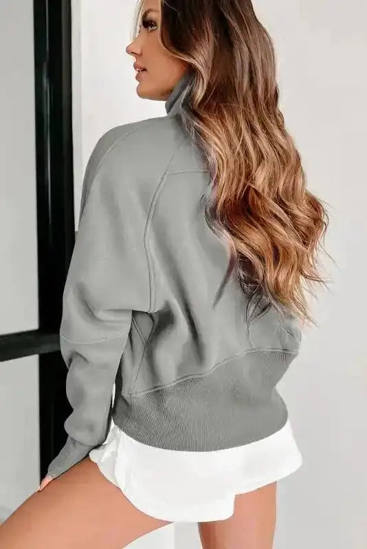 Green Zip Up Stand Collar Ribbed Thumbhole Sleeve Sweatshirt - Fashionfitz