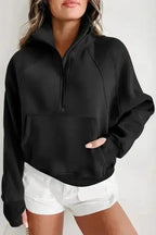 Green Zip Up Stand Collar Ribbed Thumbhole Sleeve Sweatshirt - Fashionfitz
