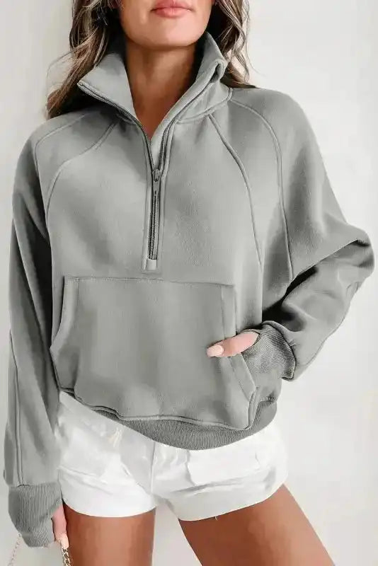 Green Zip Up Stand Collar Ribbed Thumbhole Sleeve Sweatshirt - Fashionfitz