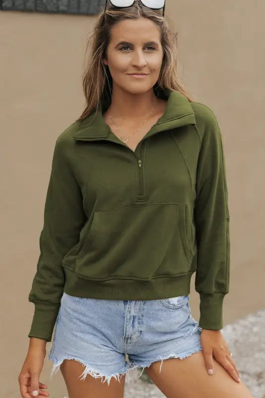 Green zip up stand collar ribbed thumbhole sleeve