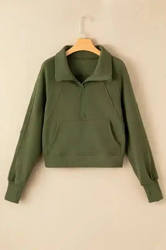 Green Zip Up Stand Collar Ribbed Thumbhole Sleeve Sweatshirt - Fashionfitz
