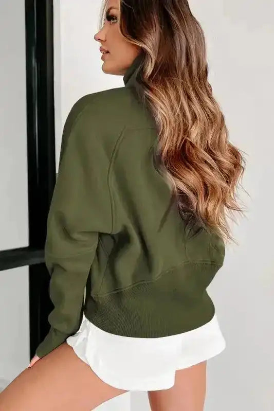 Green Zip Up Stand Collar Ribbed Thumbhole Sleeve Sweatshirt - Fashionfitz