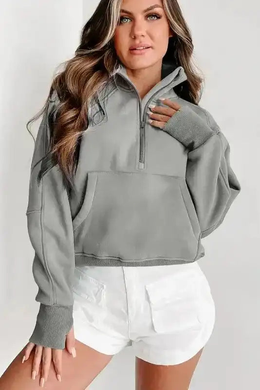 Green Zip Up Stand Collar Ribbed Thumbhole Sleeve Sweatshirt - Fashionfitz
