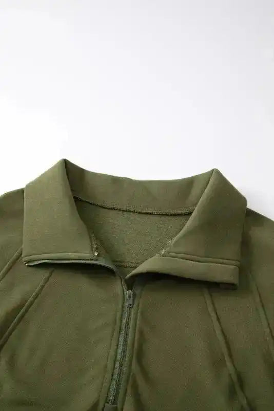 Green Zip Up Stand Collar Ribbed Thumbhole Sleeve Sweatshirt - Fashionfitz