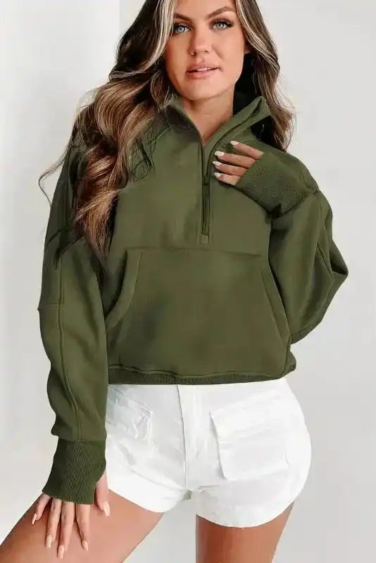 Green Zip Up Stand Collar Ribbed Thumbhole Sleeve Sweatshirt - Fashionfitz