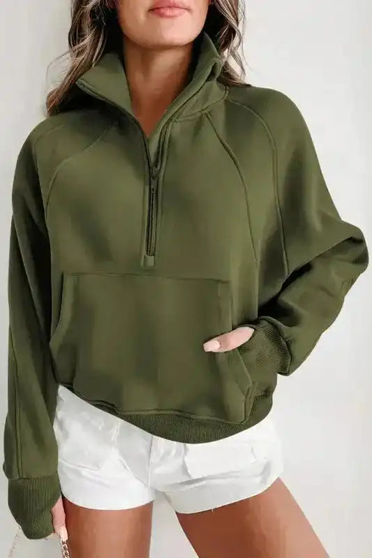 Green Zip Up Stand Collar Ribbed Thumbhole Sleeve Sweatshirt - Fashionfitz