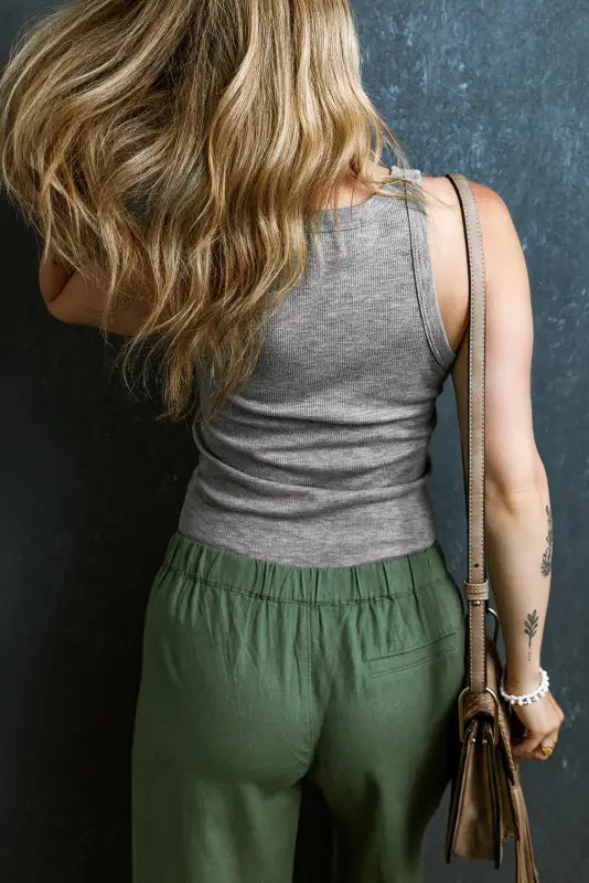 Grey basic ribbed knit tank top - tops