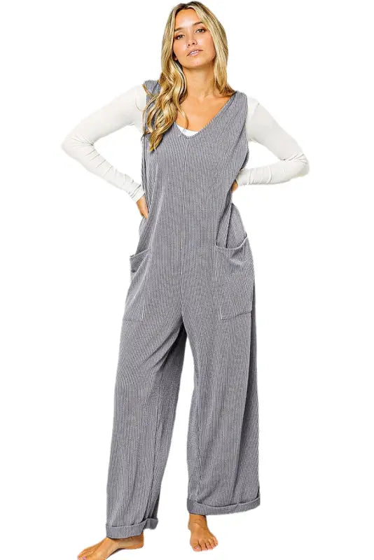 Grey corded wide leg jumpsuit over white top - relax relax in style and comfort