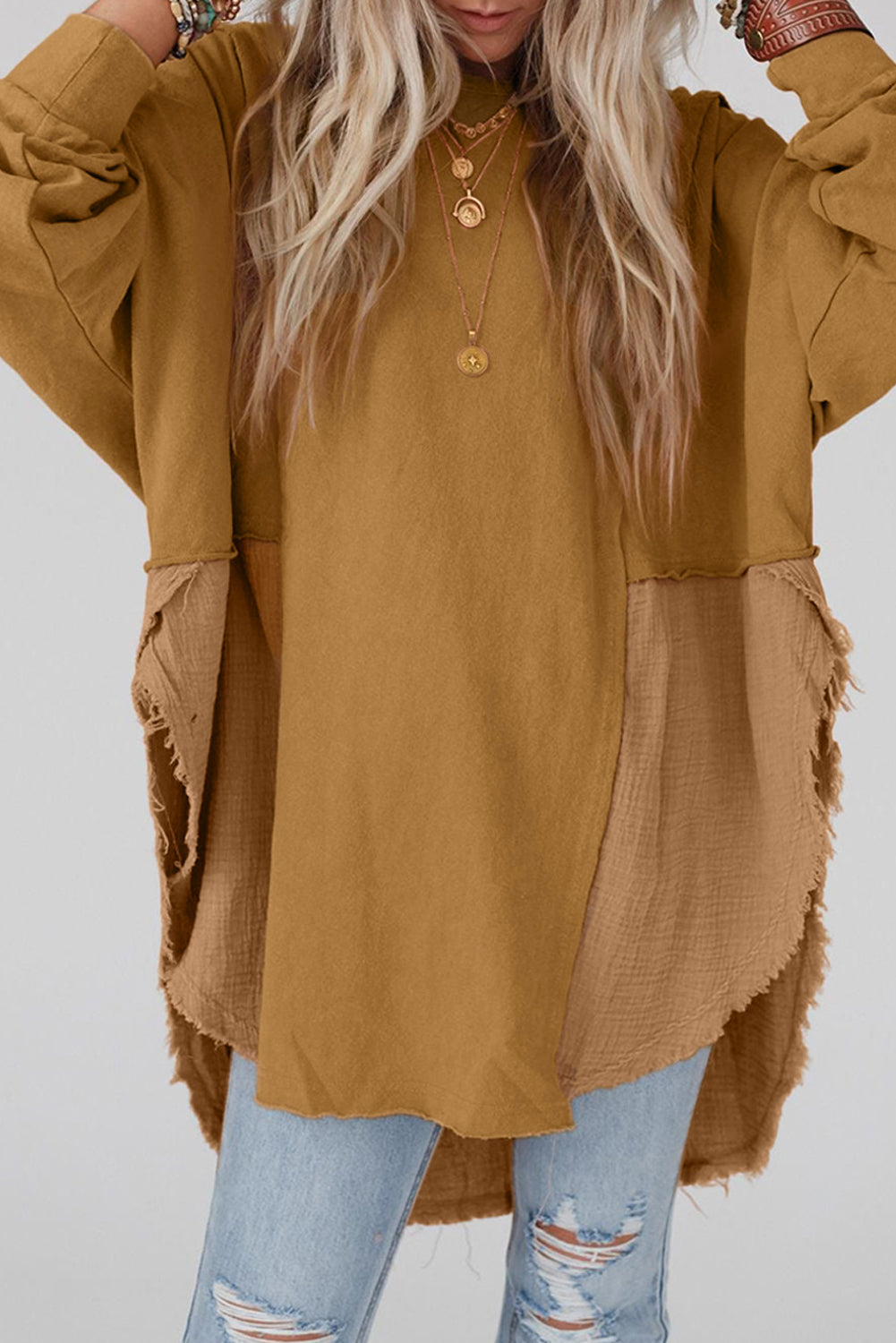 Grey crinkle splicing raw hem high low oversized blouse - camel / s / 80% polyester + 20% cotton - tops