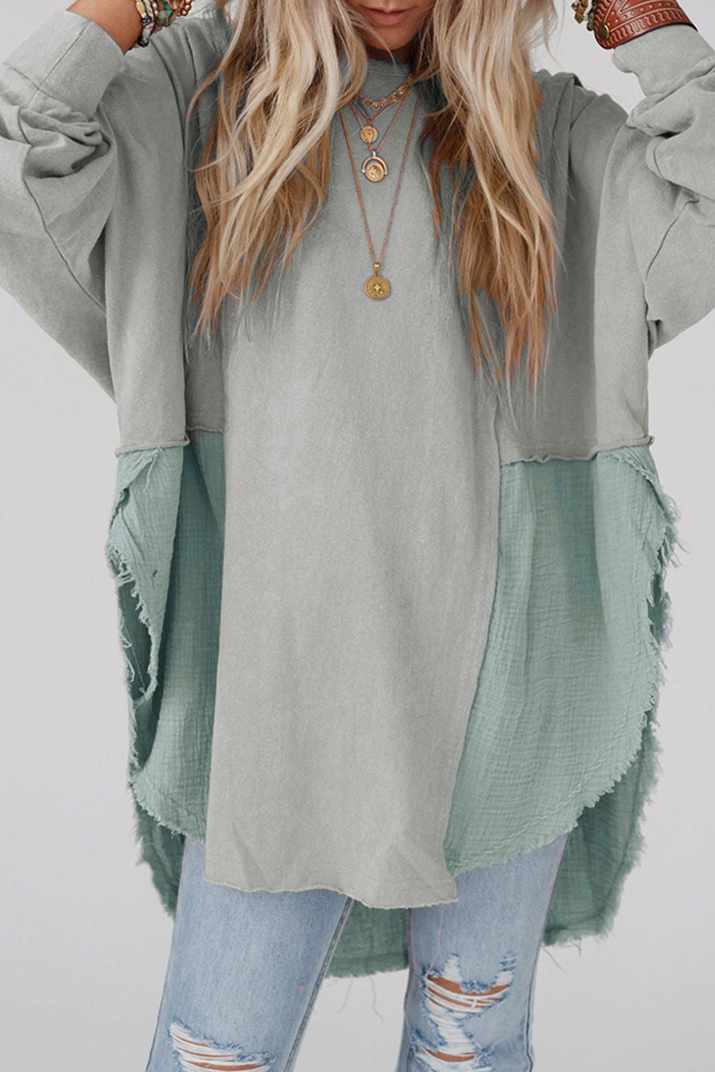 Grey crinkle splicing raw hem high low oversized blouse - medium / s / 80% polyester + 20% cotton - tops