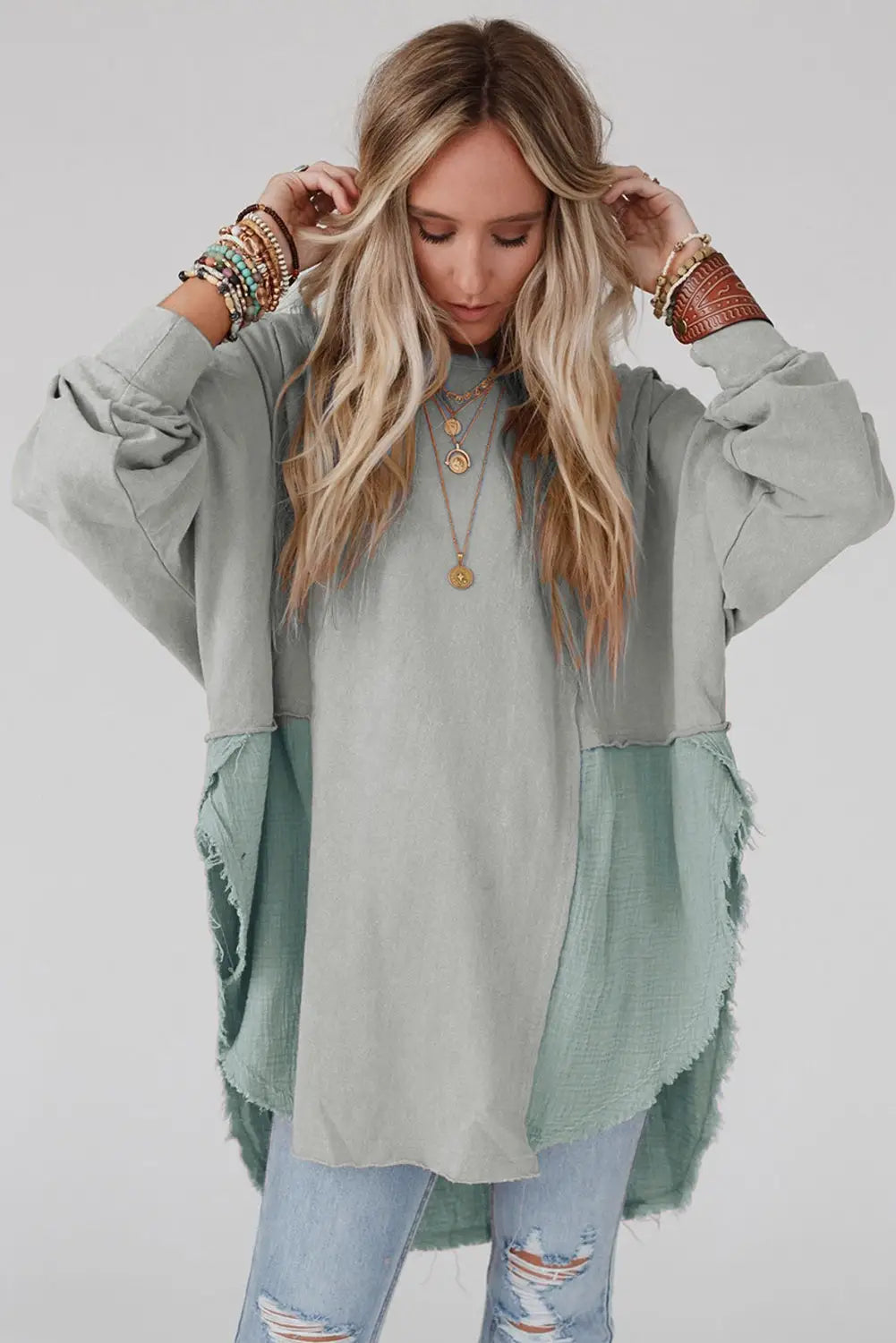 Grey crinkle splicing raw hem high low oversized blouse - tops