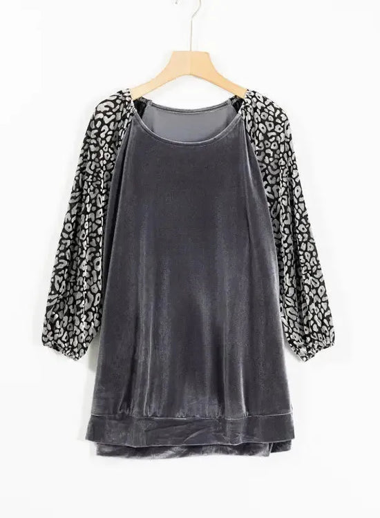 Grey Leopard Velvet Blouse - Fashionfitz