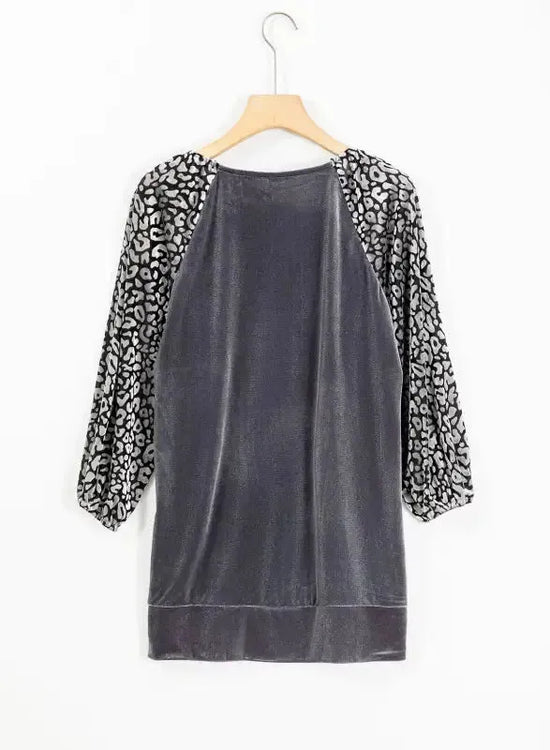 Grey Leopard Velvet Blouse - Fashionfitz