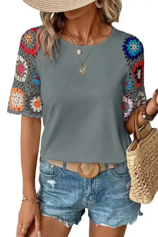 Grey Petal Crochet Blouse - Fashionfitz