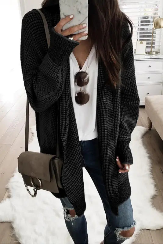 Grey plaid contrast trim open front cardigan - tops