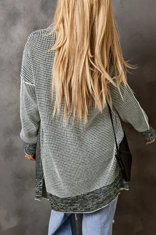 Grey plaid contrast trim open front cardigan - tops