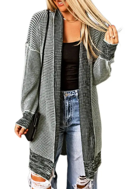 Grey plaid contrast trim open front cardigan - tops