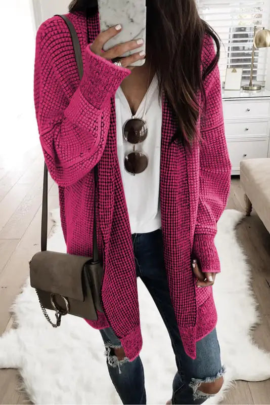 Grey plaid contrast trim open front cardigan - tops