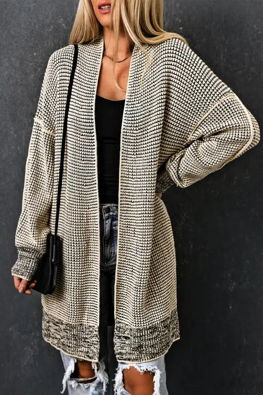 Grey plaid contrast trim open front cardigan - tops