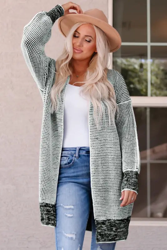 Grey plaid contrast trim open front cardigan - tops