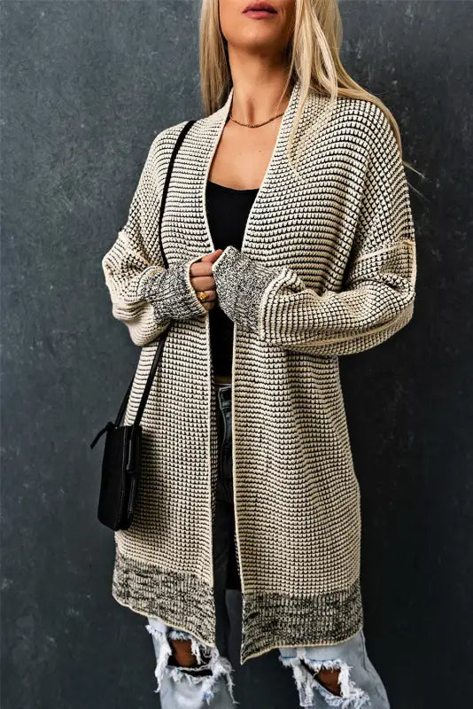 Grey plaid contrast trim open front cardigan - tops